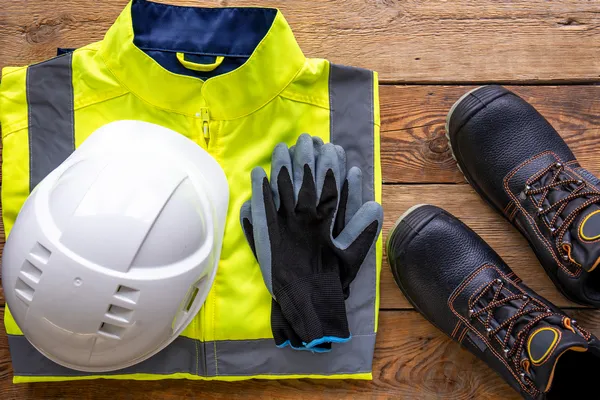 High-visibility safety jacket, hard hat, work gloves and safety boots on wooden surface